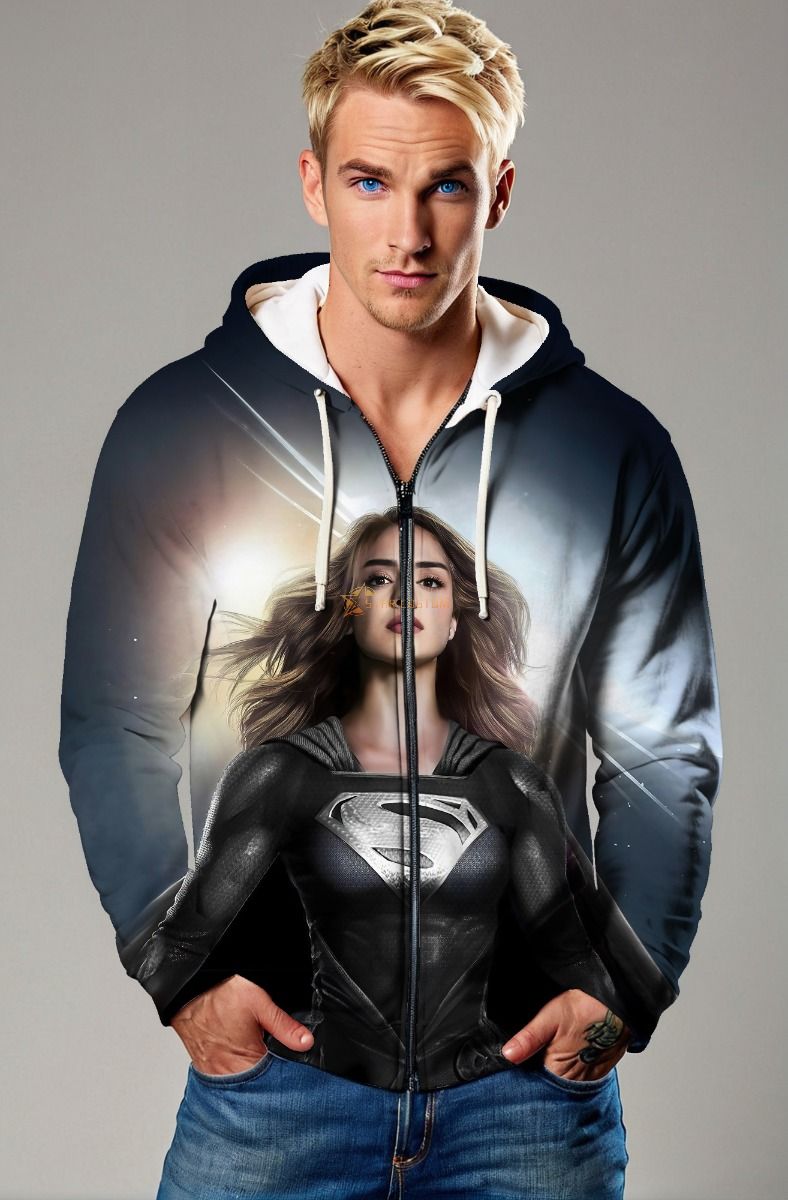 Black Silver Superwoman Zip Hoodie – Lifelike Hero in Monochrome Suit