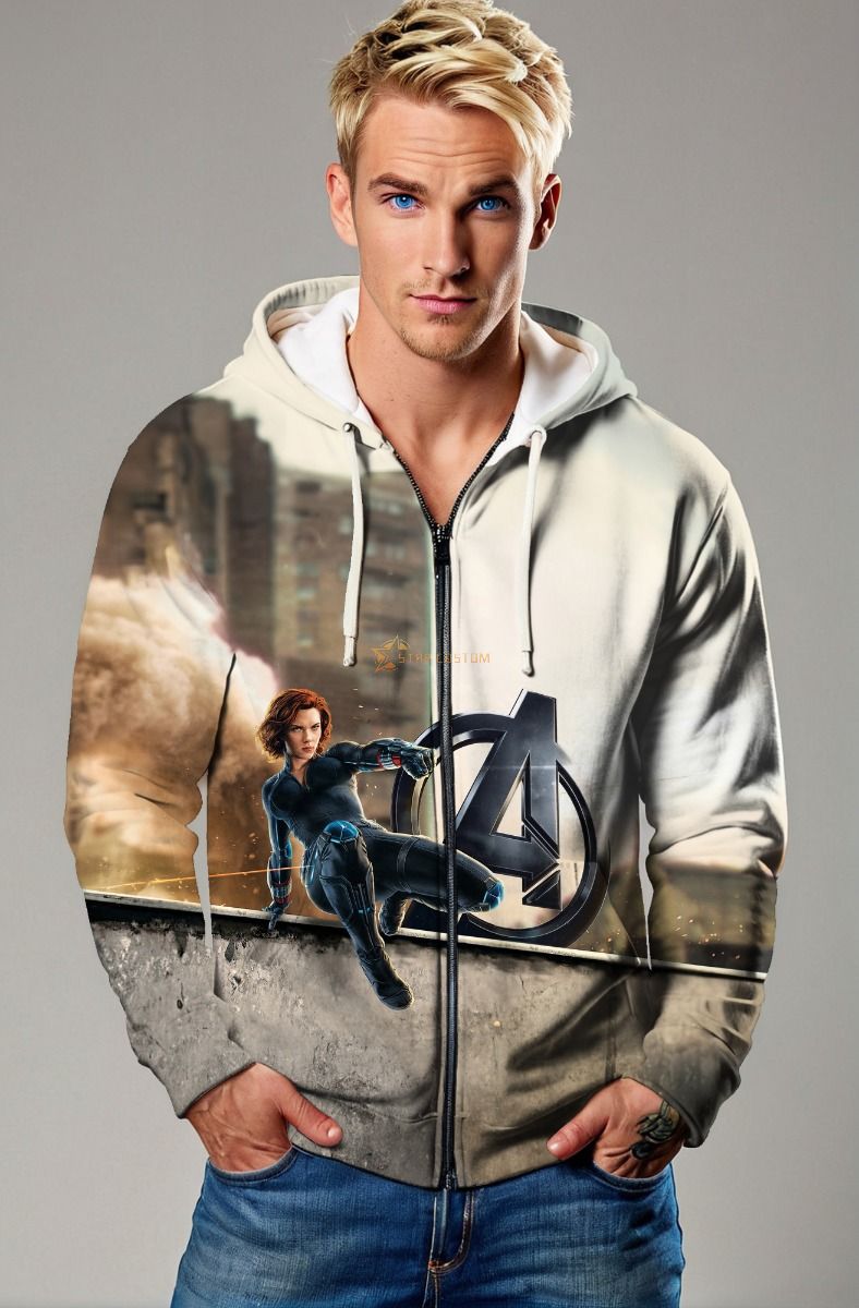 Grey-White Zip Hoodie with Black Widow Graphic – Tactical Urban Design