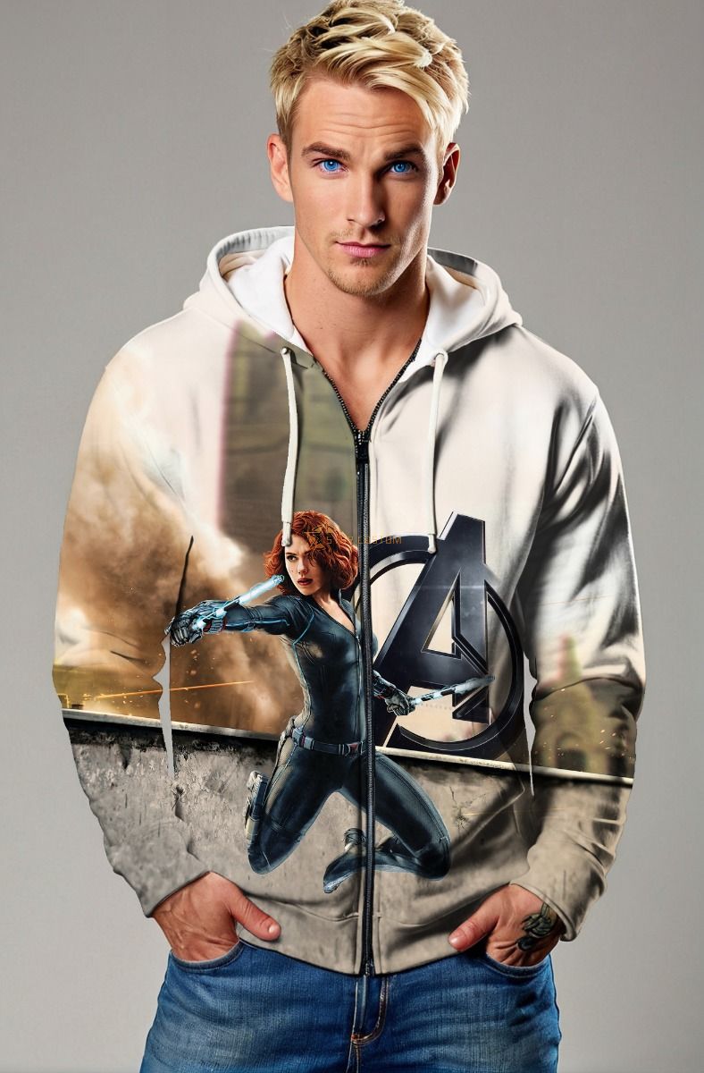 White & Grey Zip Hoodie with Black Widow Strike Pose – Hero Motion Design
