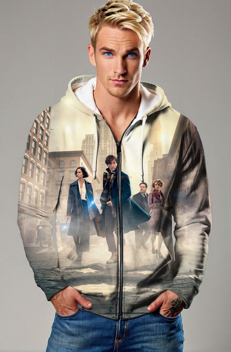 Cream & Fog Gray Zip Hoodie – Fantastic Beasts City Scene