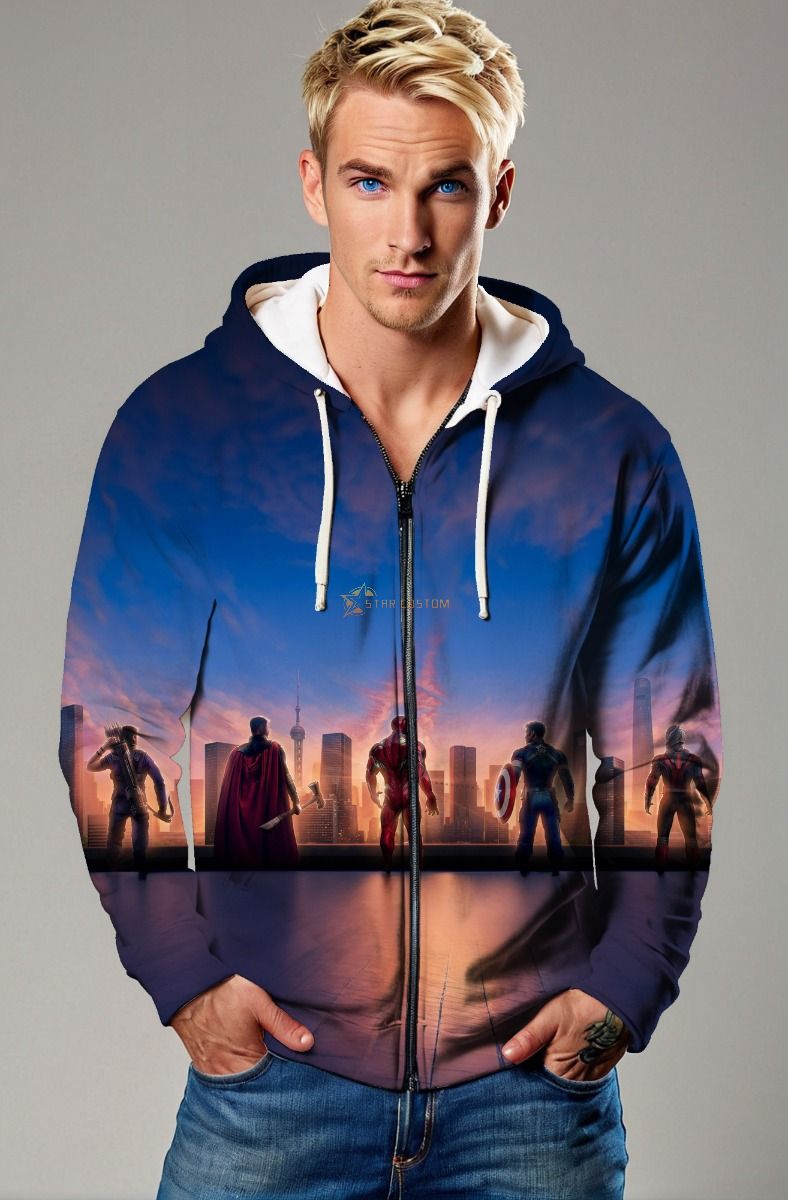 Dark Blue Avengers Sunset Skyline Graphic Zip‑Up Hoodie