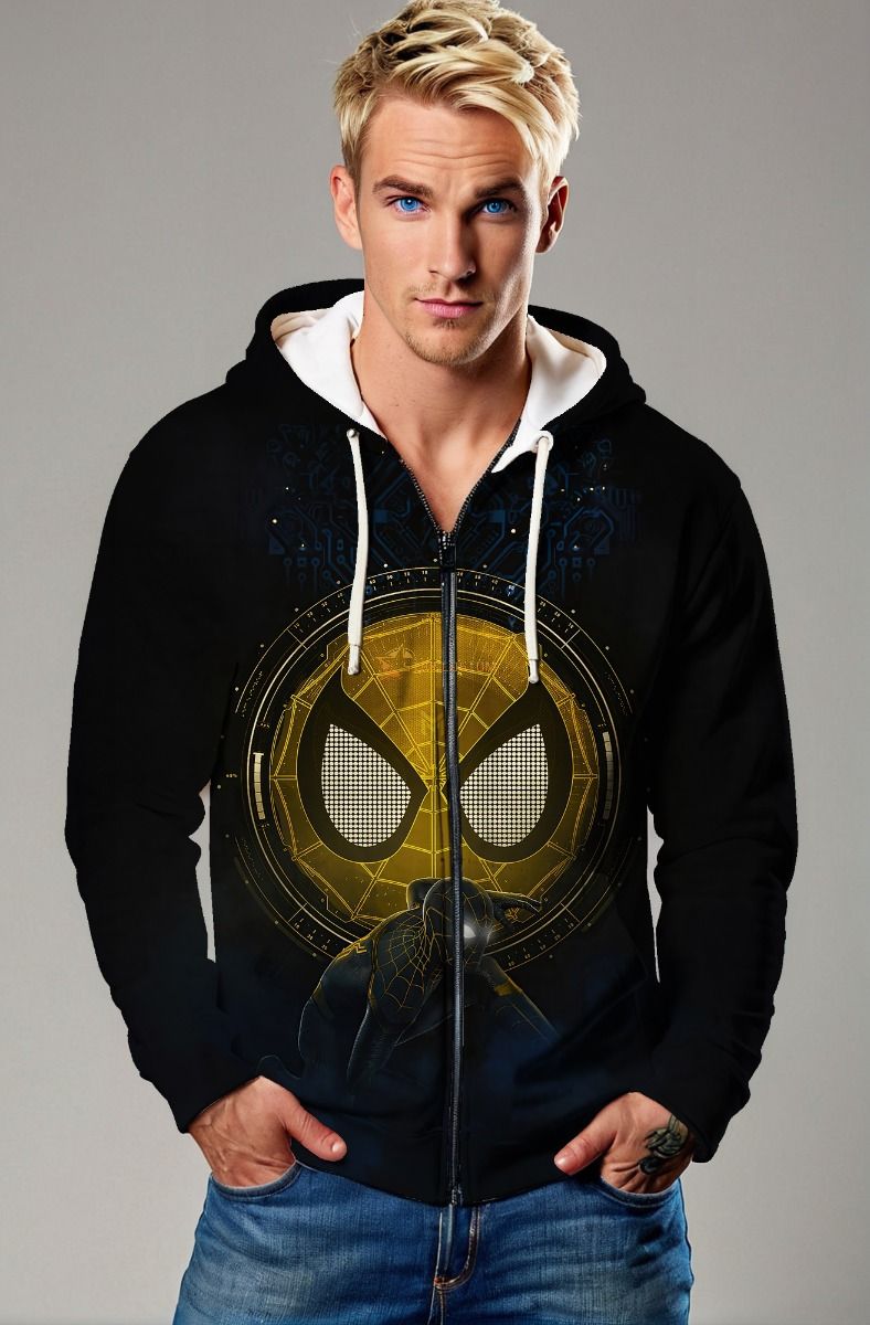 Tech Spider Zip-Up Hoodie – Black Full-Zip with Gold Mask Circuit Design
