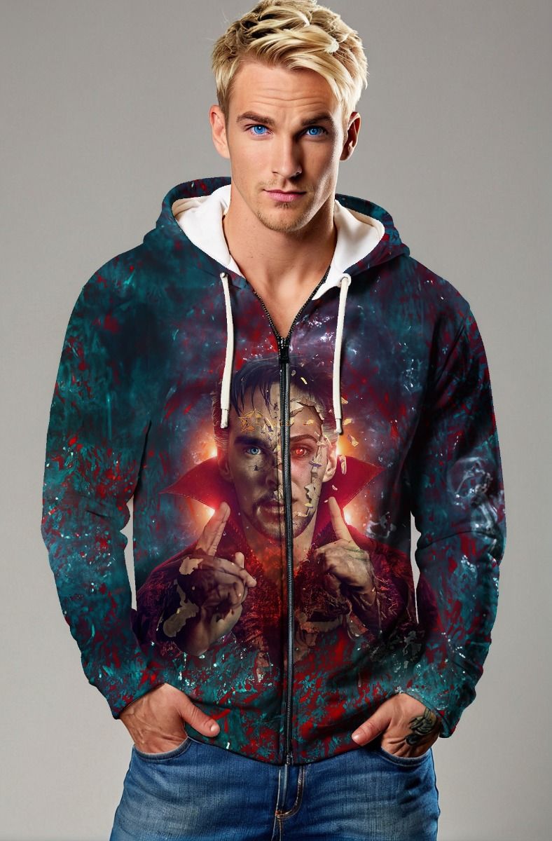 Shattered Spell Zip-Up Hoodie – Deep Green & Red Full-Zip Sorcerer Jacket