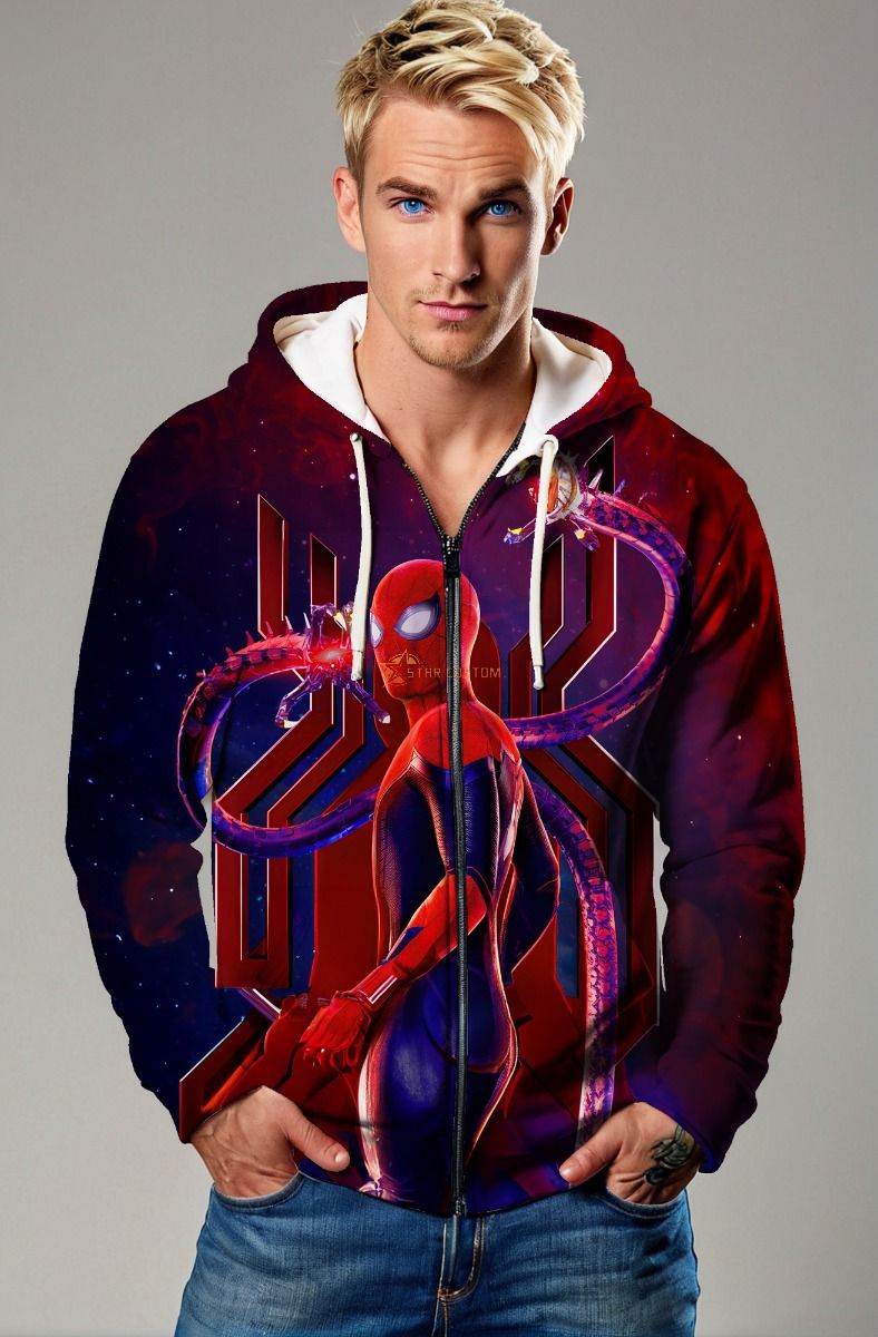 Spider Protocol Zip Hoodie – Red Tech Hero Full-Zip Jacket with Mech Arms