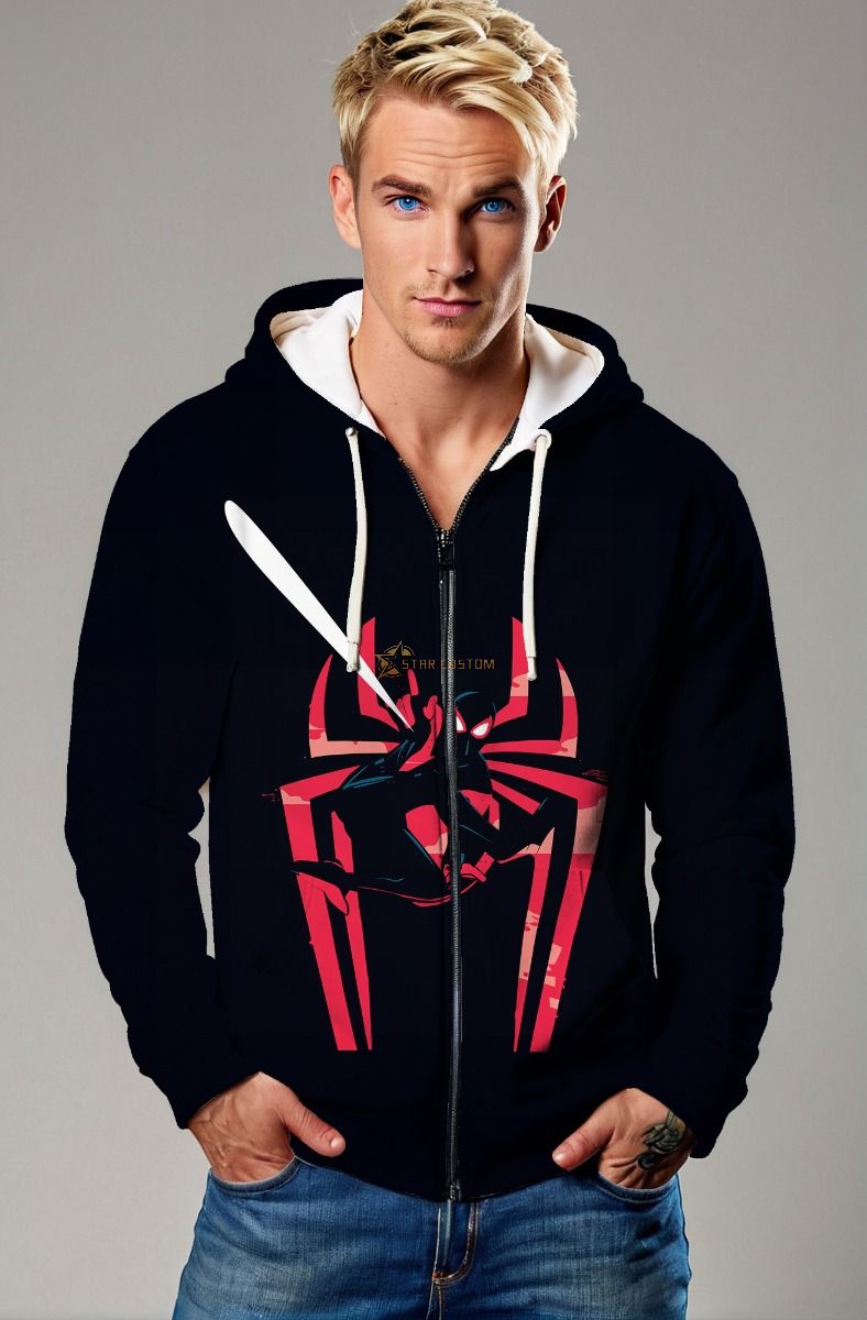 Web Noir Zip Hoodie – Black Zip-Up with Red Spider Emblem & Hero Pose