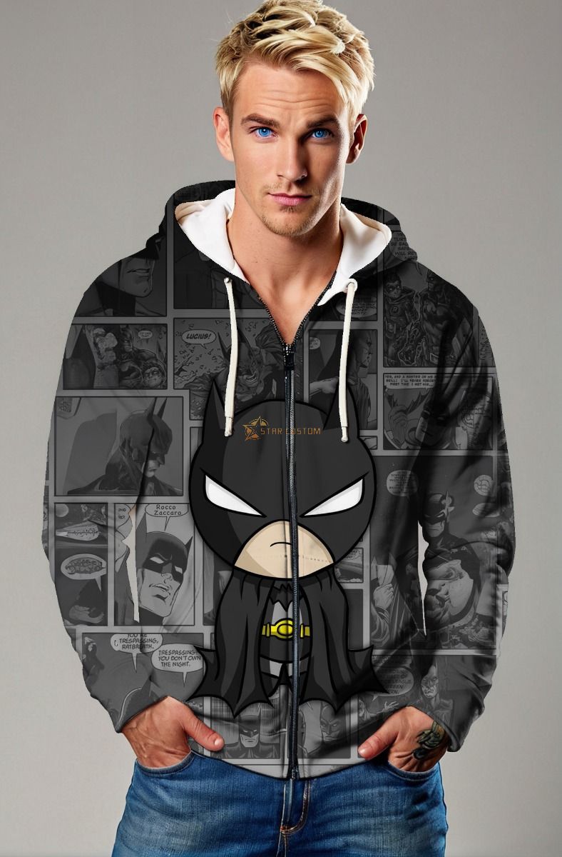 Micro Bat Zip-Up Hoodie – Black Full-Zip with Comic Background & Mini Hero