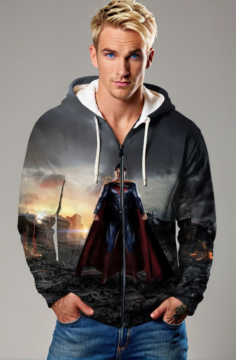 Fortress Flame Zip Hoodie – Gray Gradient with Red Cape Warrior Print