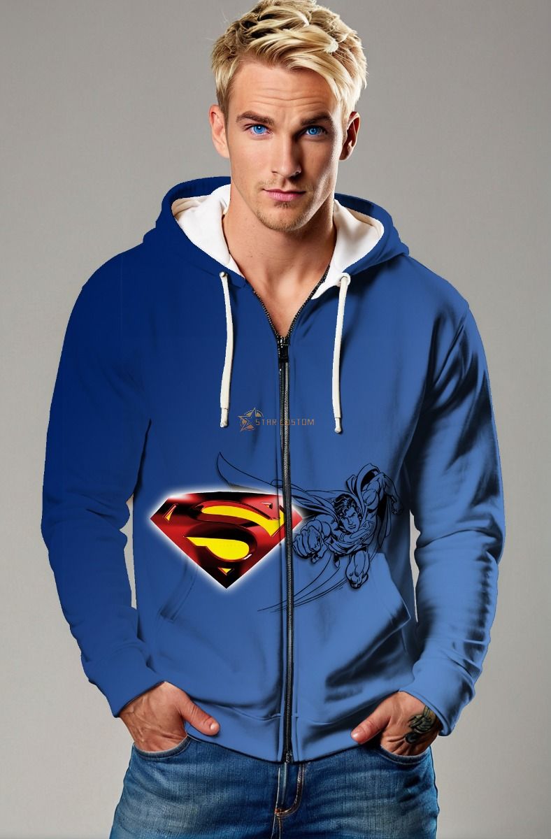 S-Force Zip Hoodie – Blue Full-Zip with Crest and Flying Superman Sketch