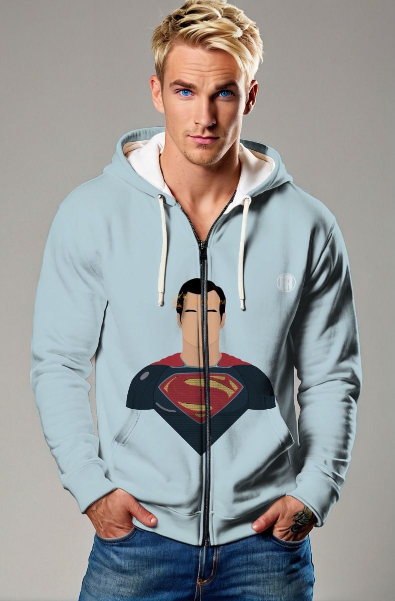 Urban Legend Zip Hoodie – Minimal Superman on Dusty Blue