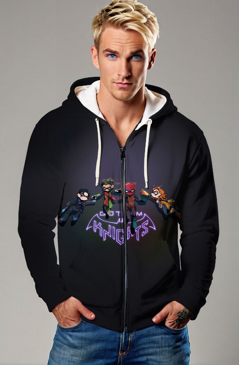 Black Gotham Knights Zip-Up Hoodie – Stylish & Functional Hero Wear