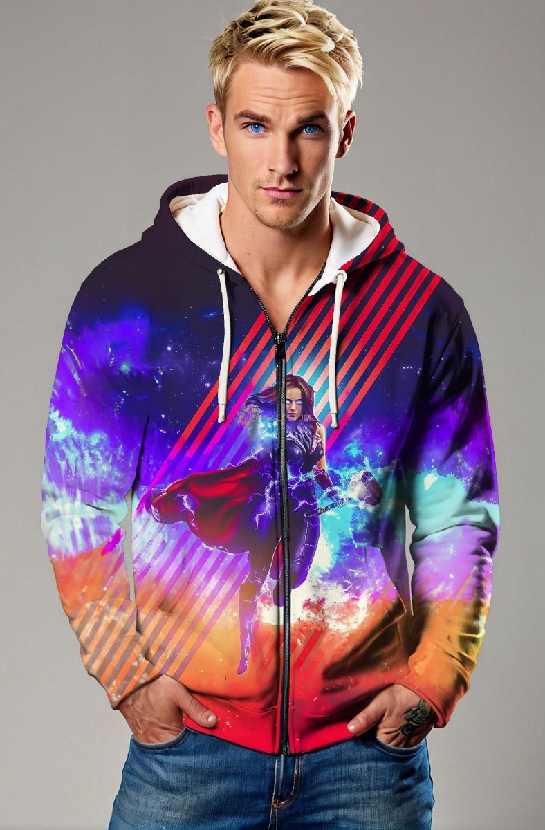 Lightning Code Zip-Up Hoodie – Red & Gold Heroine on Galactic Horizon