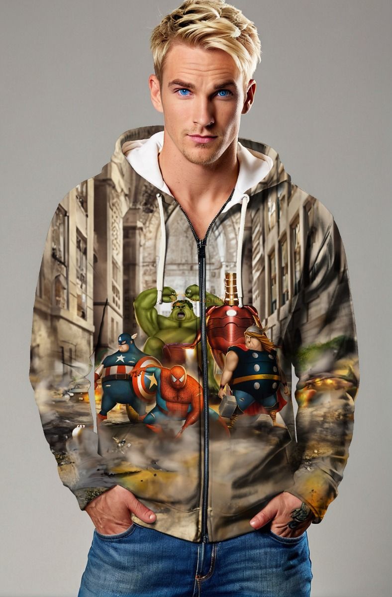 Big Squad Zip Hoodie – Light Brown Chibi Hero Zip-Up Jacket