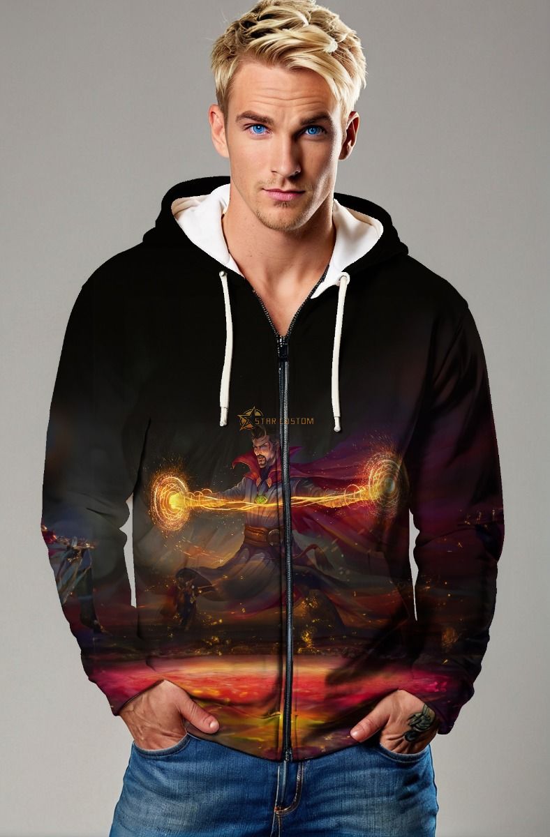 Arcane Realms Zip Hoodie – Deep Crimson & Shadow Black Zip-Up for Men