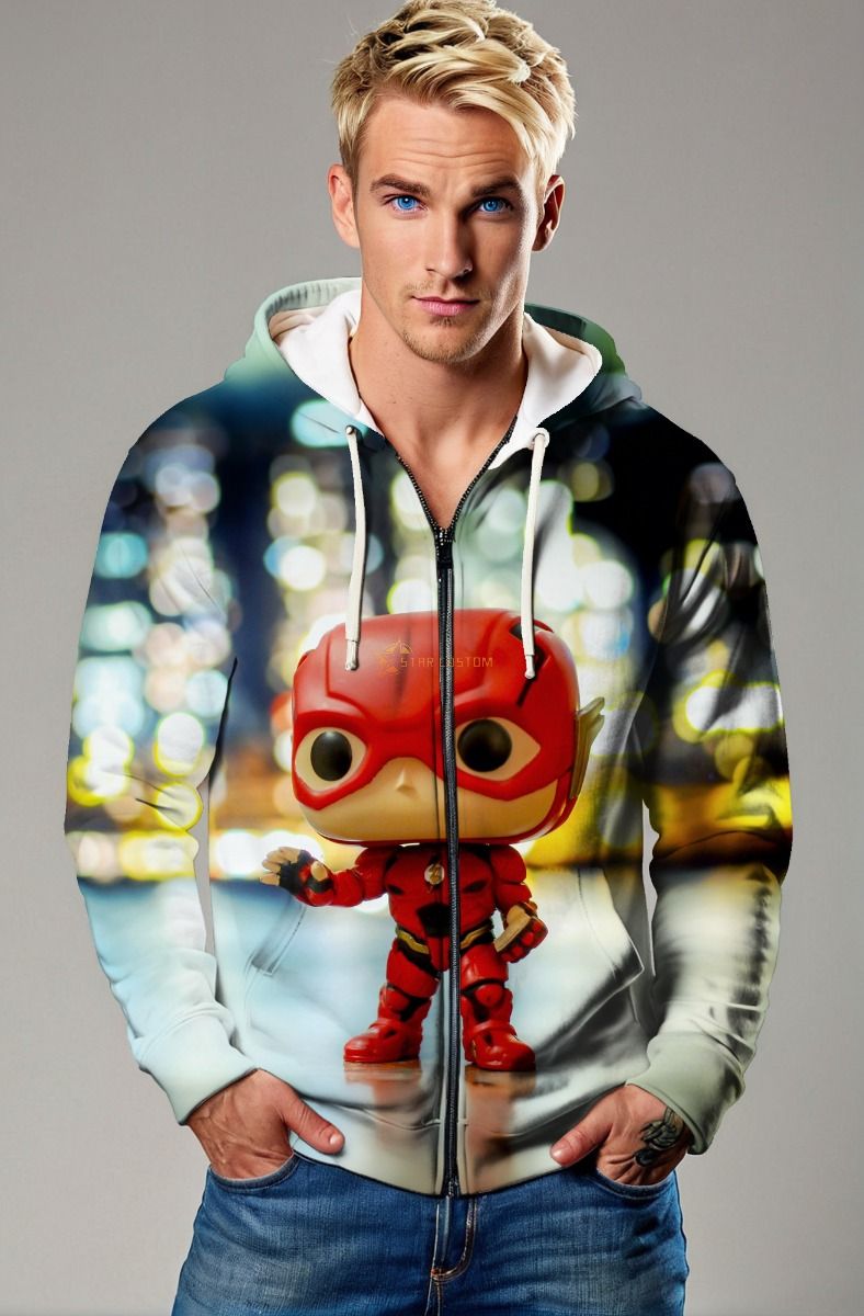 The Flash Movie Inspired Men’s Red Funko Pop Graphic Zip Up Hoodie