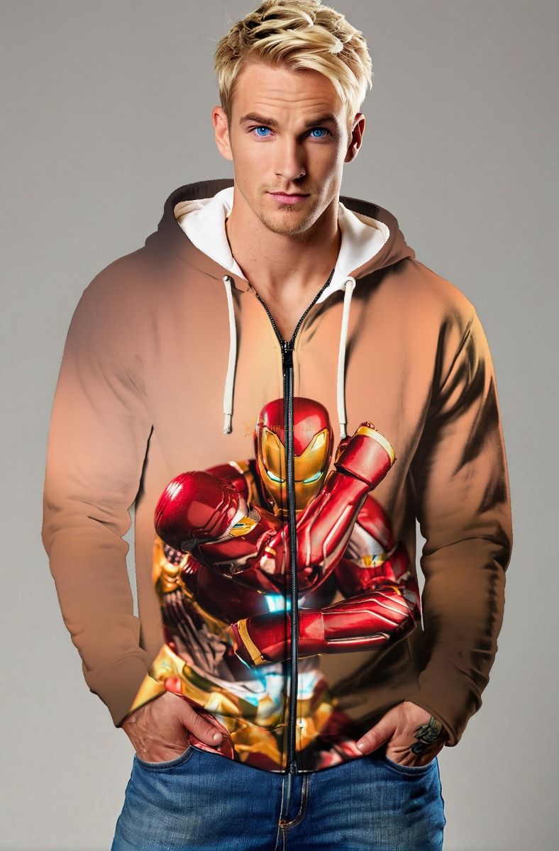 Marvel Avengers Inspired Men’s Red and Gold Iron Man Zip Up Hoodie