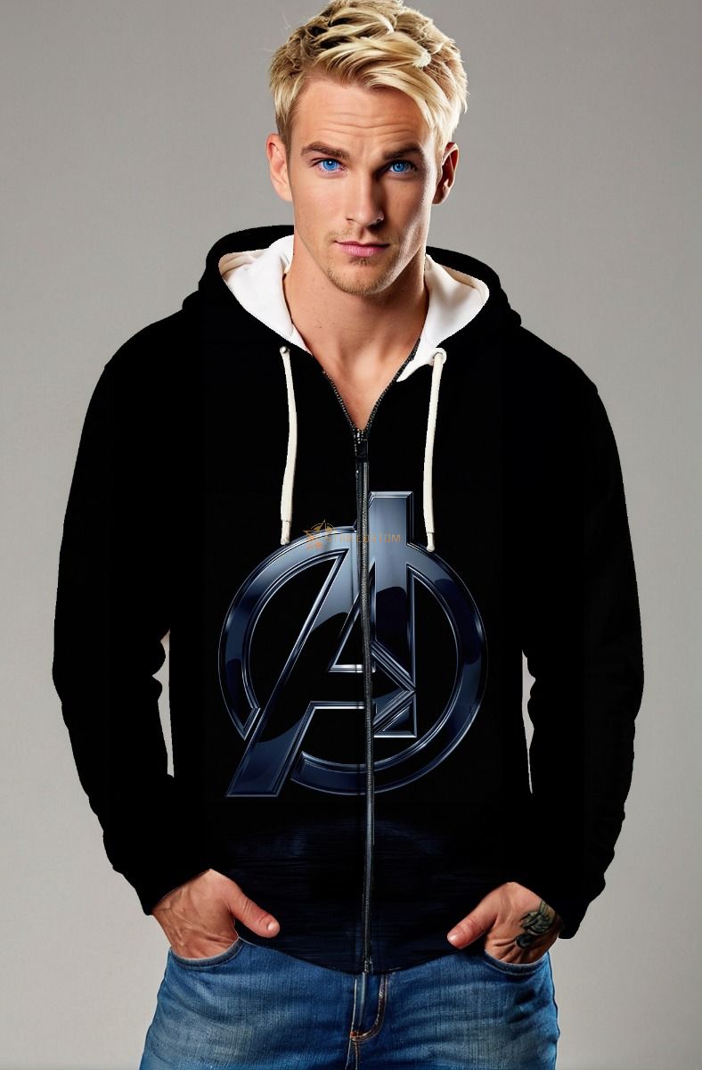 Marvel Avengers Inspired Men’s Black Minimal Logo Zip Up Hoodie