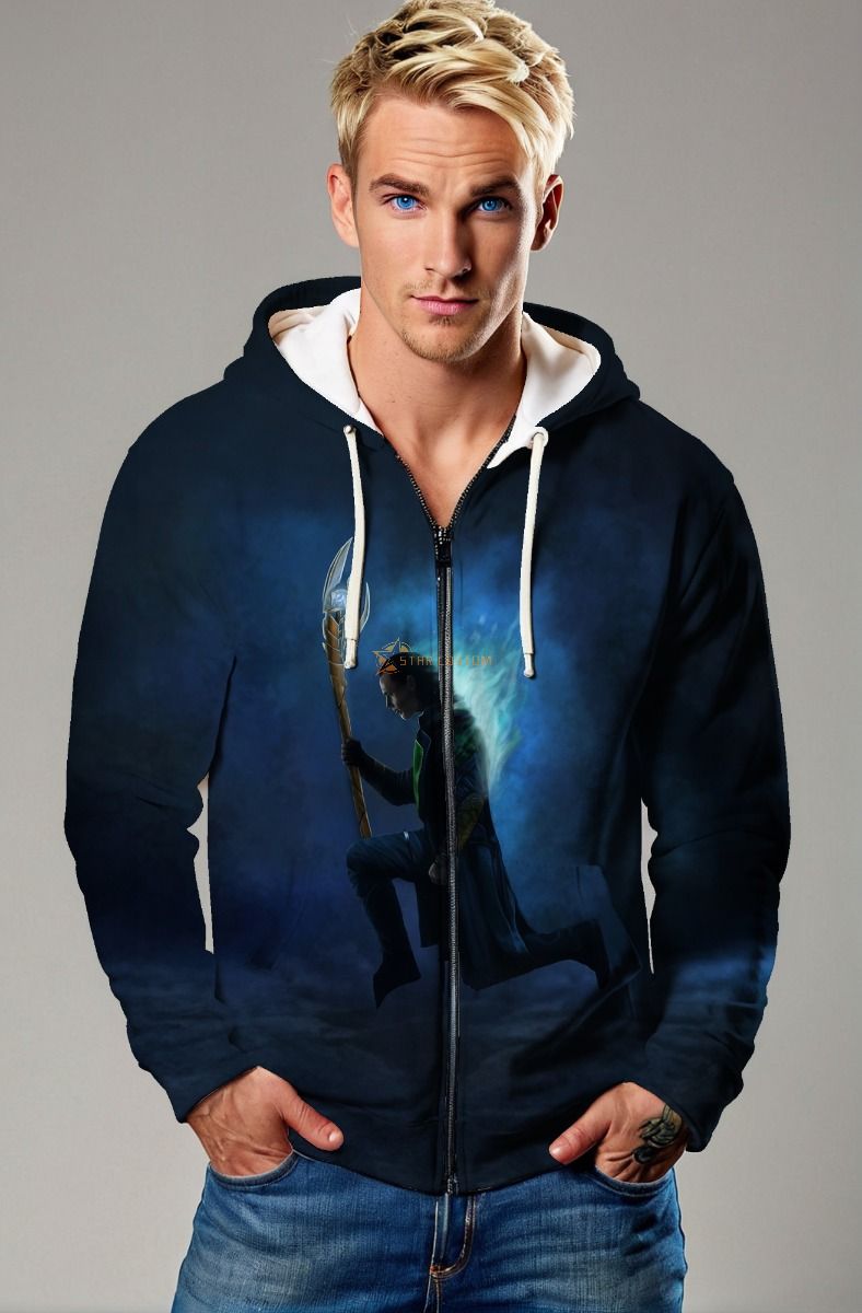 Marvel Loki Inspired Men’s Dark Blue and Gold Staff Zip Up Hoodie