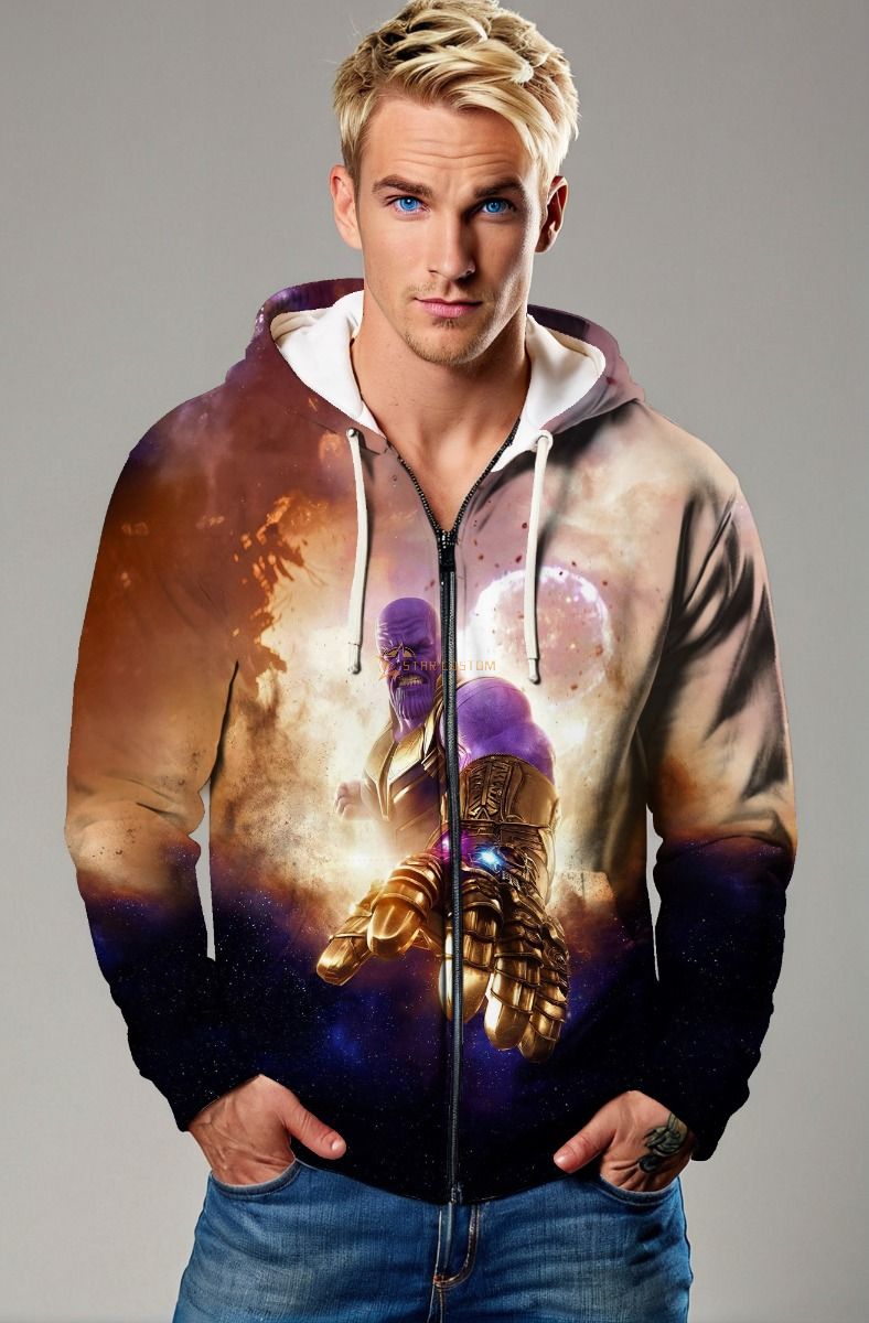 Marvel Avengers Inspired Men’s Purple and Gold Thanos Infinity Gauntlet Zip Up Hoodie