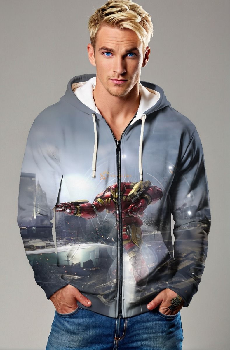 Marvel Avengers Inspired Men’s Red and Gold Hulkbuster Battle Scene Zip Up Hoodie