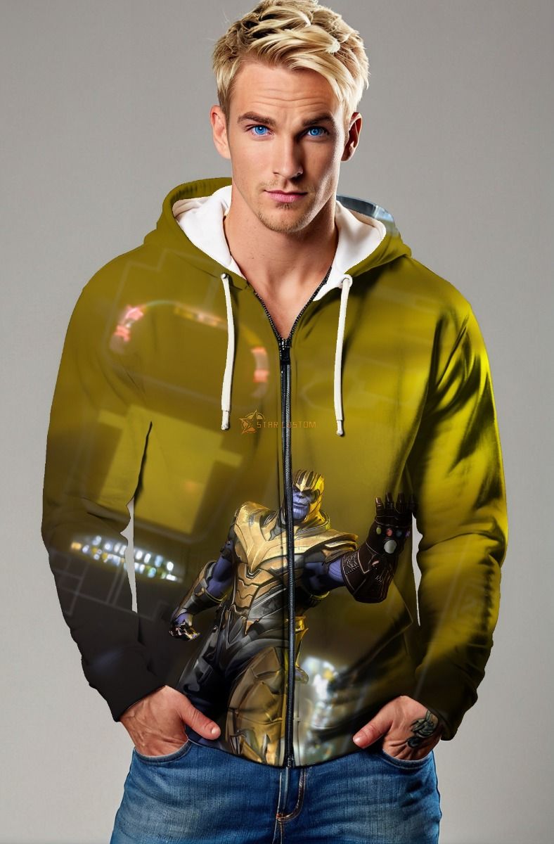 Marvel Villains Inspired Men’s Gold and Black Thanos Infinity Gauntlet Zip Up Hoodie