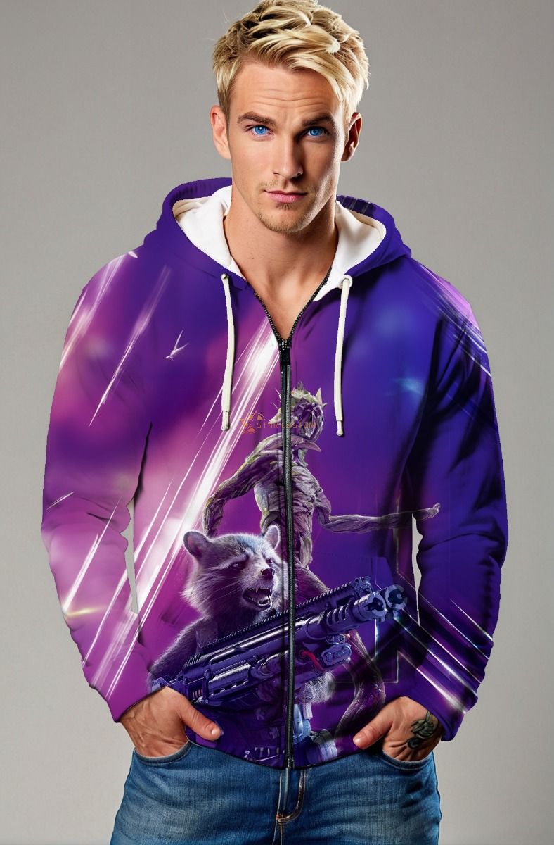 Guardians of the Galaxy Inspired Rocket and Groot Purple Cosmic Zip Up Hoodie