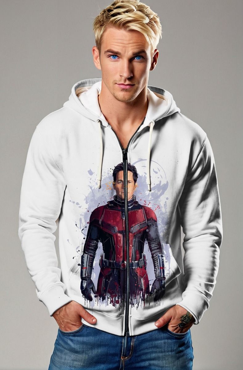 Ant-Man White Zip-Up Hoodie – Creative Superhero Art