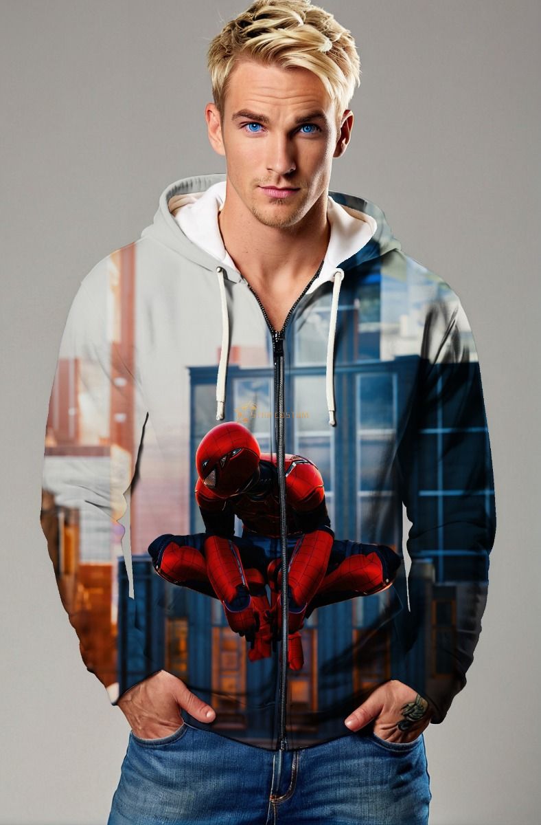 Spider-Man City Skyline Gray & Red Marvel Design Full-Zip Hoodie