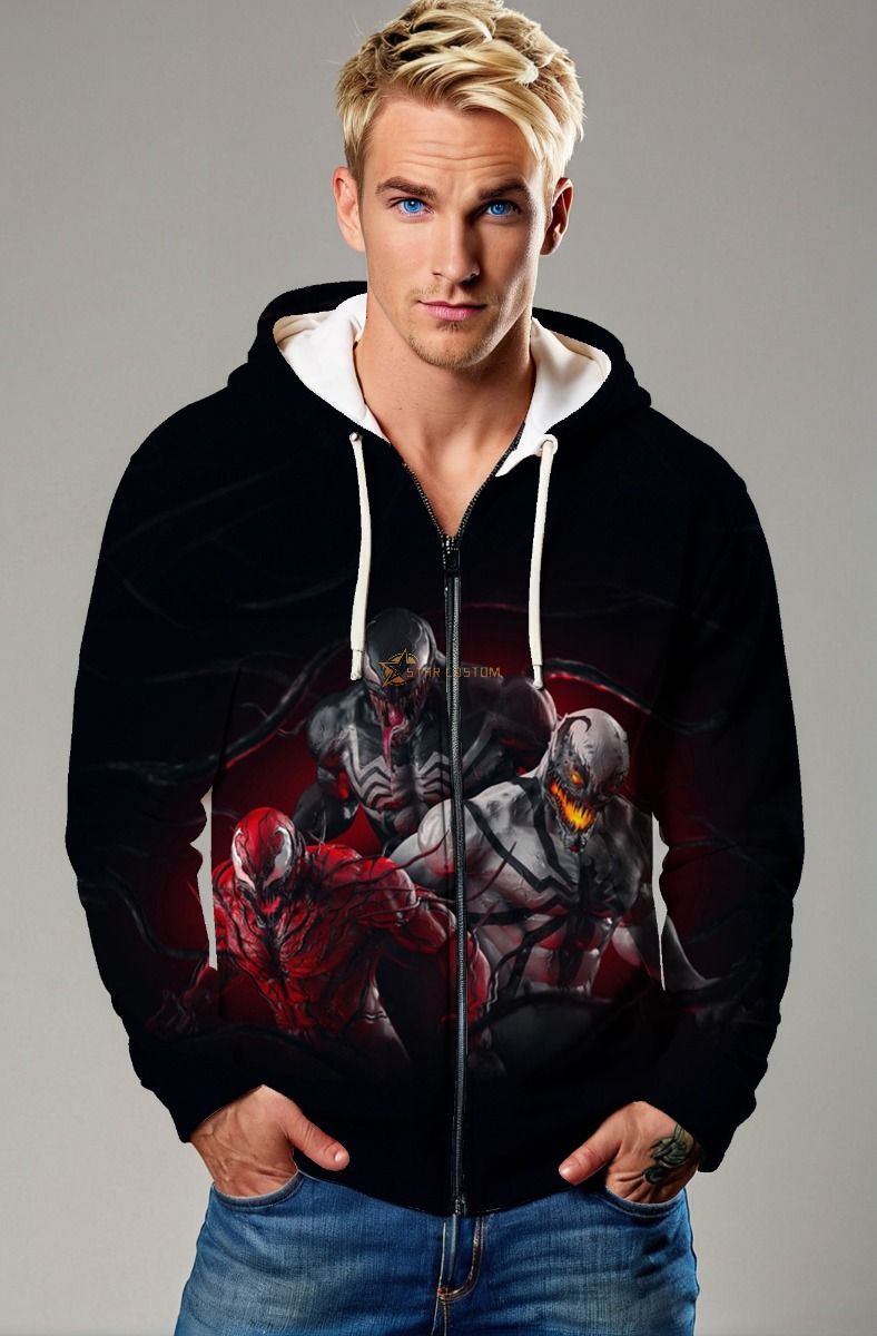 Venom & Symbiotes Dark Red & Black Marvel Design Full-Zip Hoodie
