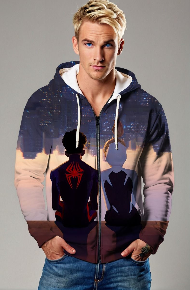 Spider-Man Across the Spider-Verse Skyline Sunset Marvel Design Full-Zip Hoodie