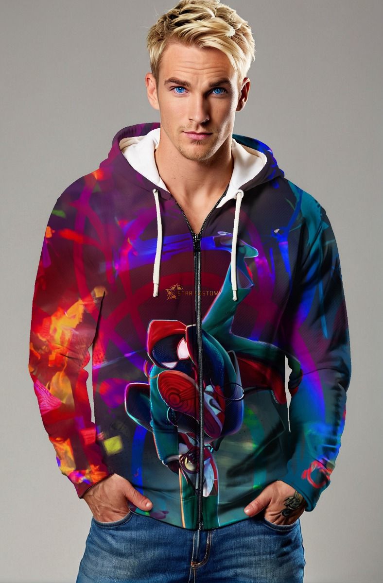 Spider-Man Into the Spider-Verse Neon Jump Marvel Design Full-Zip Hoodie