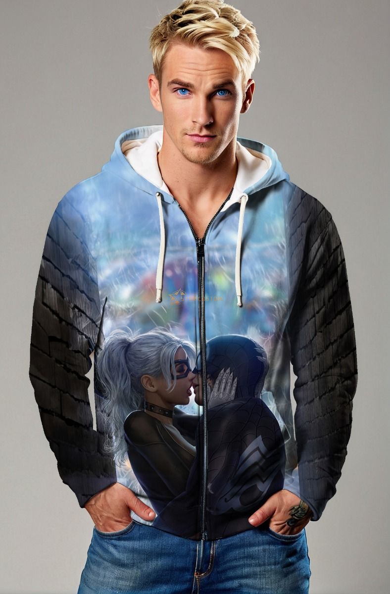 Spider-Man and Black Cat Rain Kiss Blue & Black Marvel Design Full-Zip Hoodie