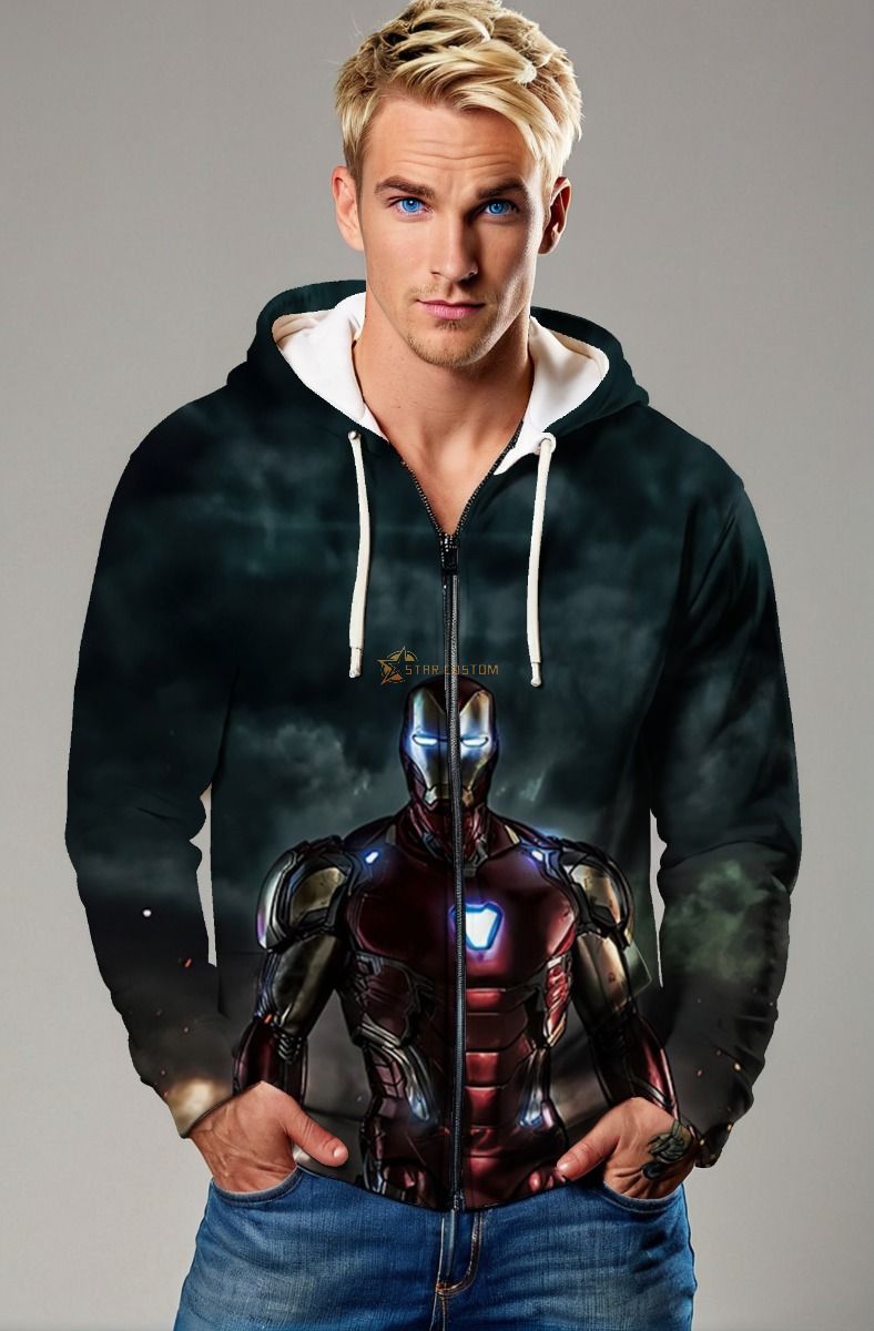 Iron Man Arc Reactor Glow Black & Red Marvel Design Full-Zip Hoodie