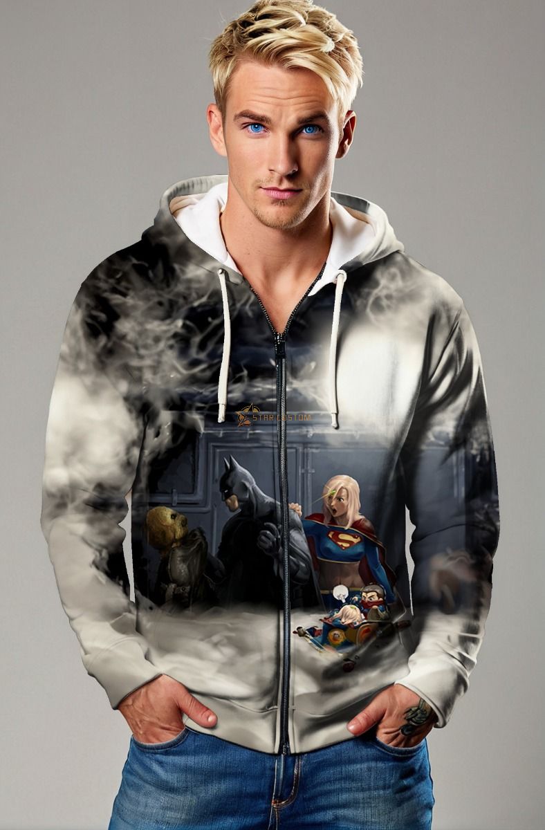 Batman and Supergirl Dark Smoke DC Heroes Design Full-Zip Hoodie