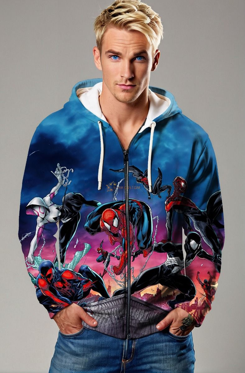 Spider-Man Into the Spider-Verse Team Battle Skyline Marvel Design Full-Zip Hoodie