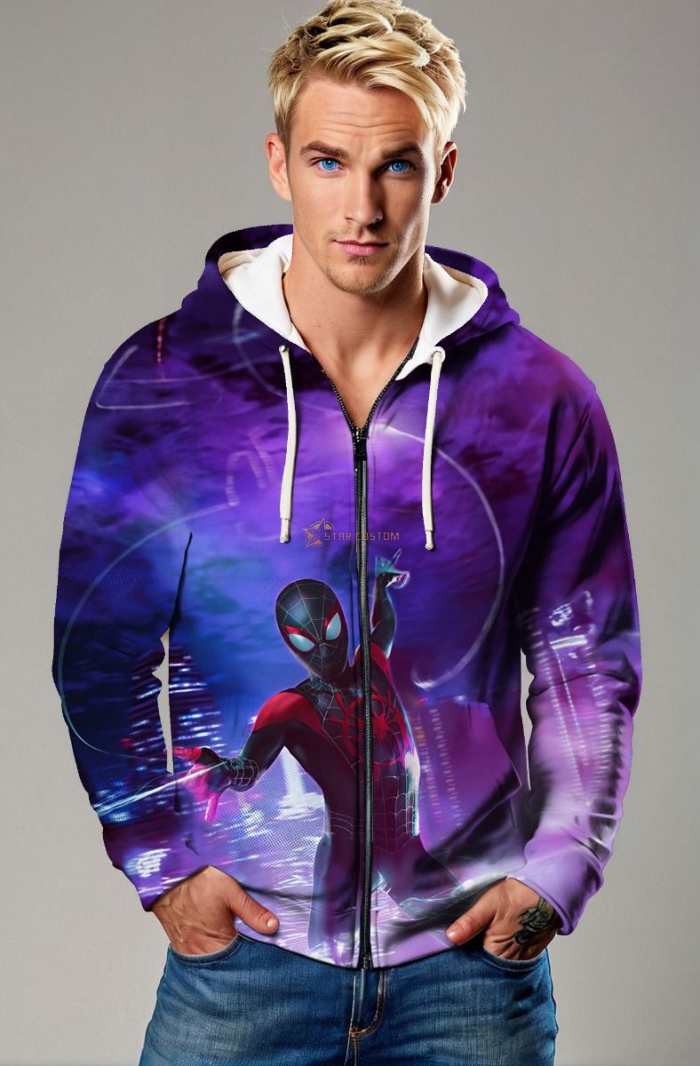 Miles Morales Into the Spider-Verse Neon Skyline Purple Marvel Design Full-Zip Hoodie
