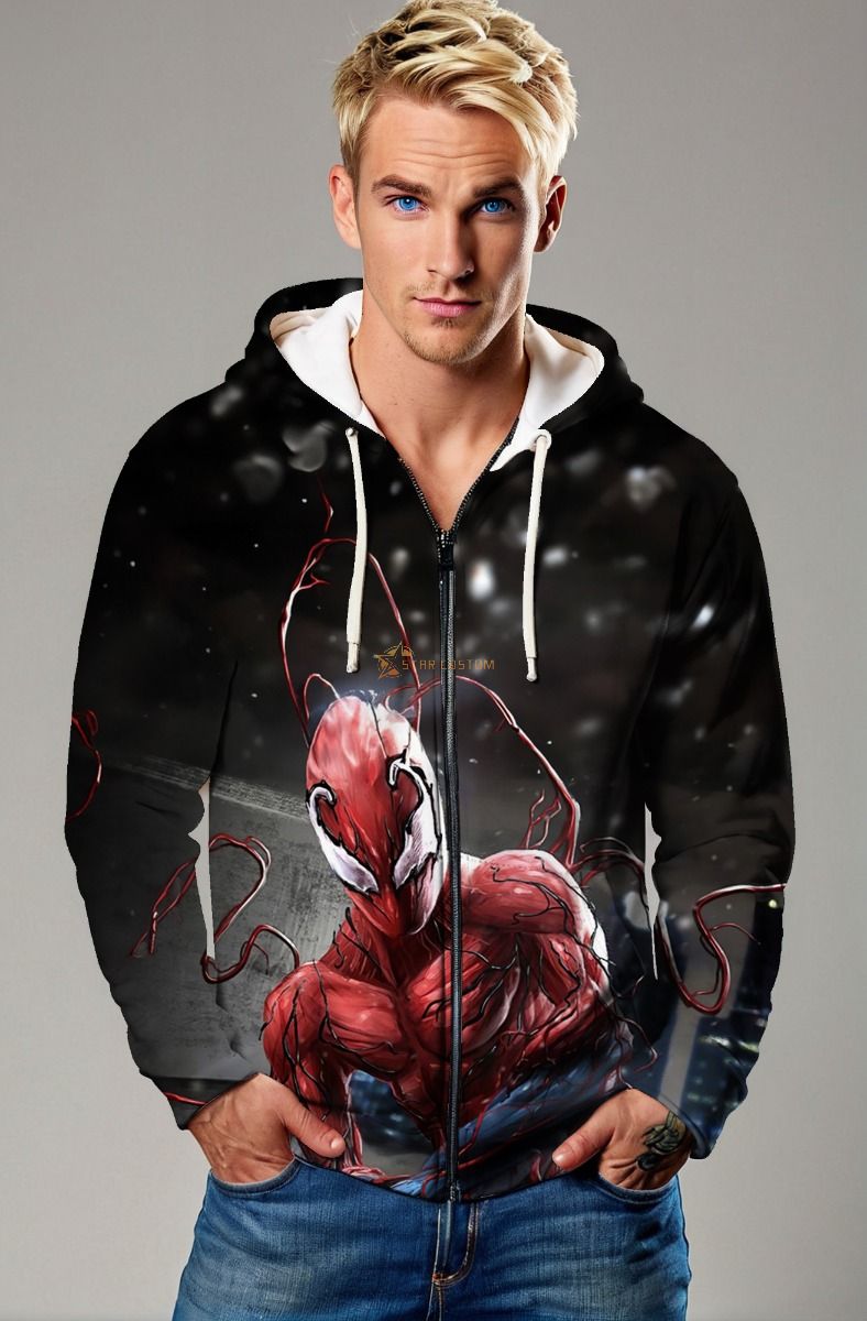 Carnage Symbiote Red & Black Night Battle Marvel Full-Zip Hoodie