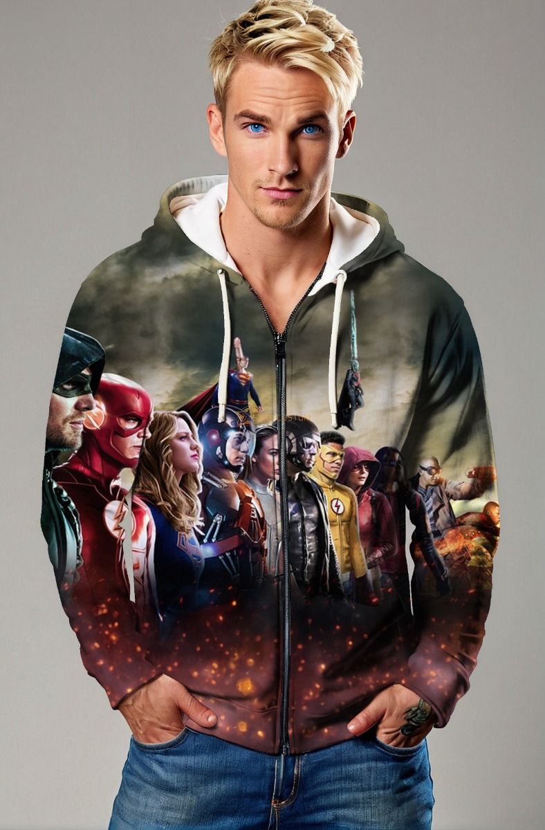 Legends United” Multicolor Zip-Up Hoodie with Hero Lineup
