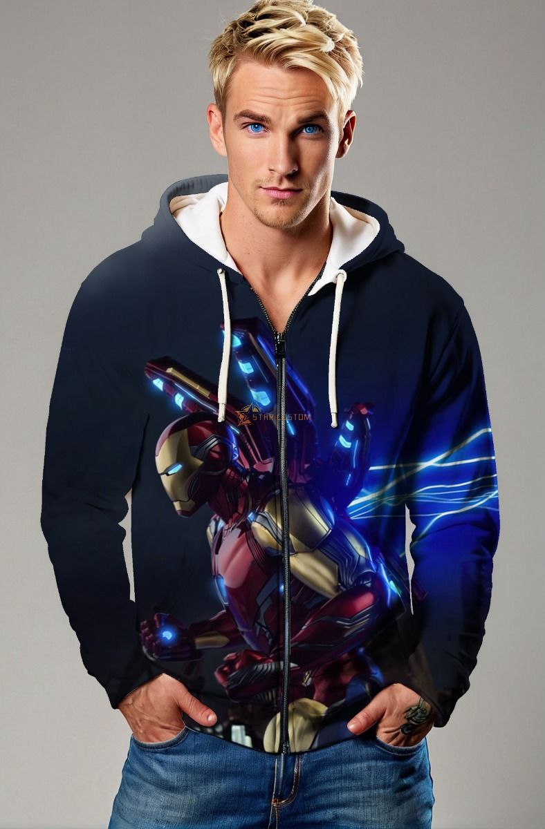 Iron Vortex Zip Hoodie – Navy Blue Full-Zip Hero Armor Style