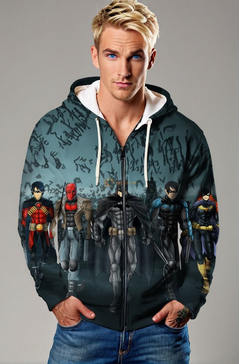 Gotham Unity Full-Zip Hoodie – Black Zip-Up with Batman Team Print