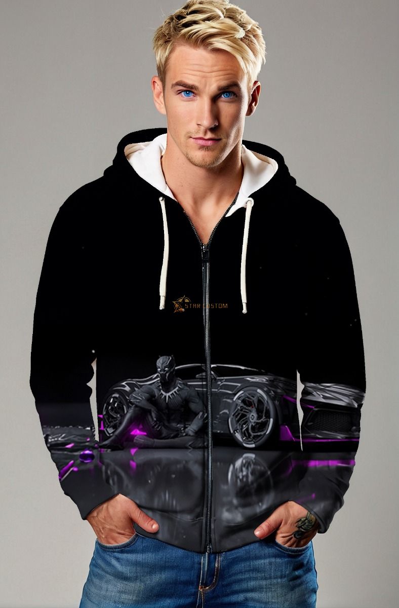 Zip-Up Hoodie: Wakanda Racer Zip-Up Hoodie – Sleek Black Panther Automotive Style