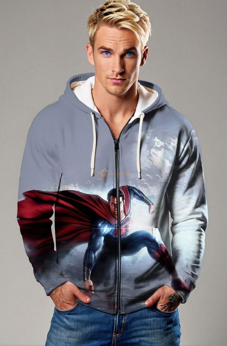 Skybound Valor – Light Grey Superman Zip-Up Hoodie