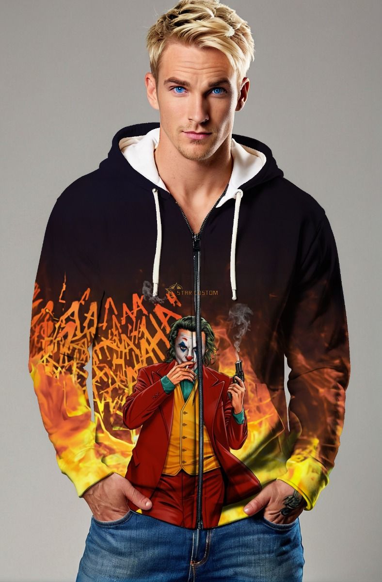 Joker Laughing Inferno Zip-Up Hoodie – Red Suit Graffiti Fire Jacket