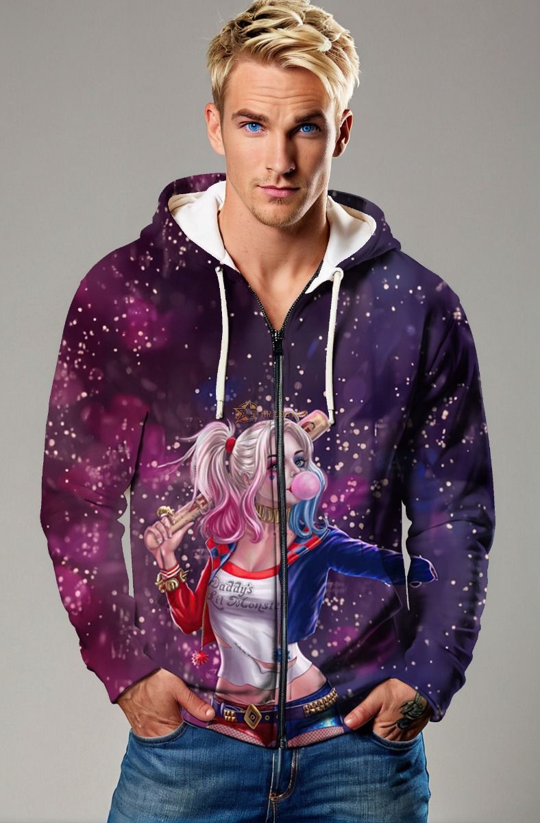 Harley Quinn Star Pop Zip Hoodie – Bubblegum Mischief Galaxy Jacket