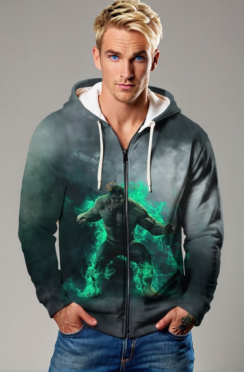 Hulk Gamma Surge Zip Hoodie – Dark Grey & Neon Green Explosion Jacket