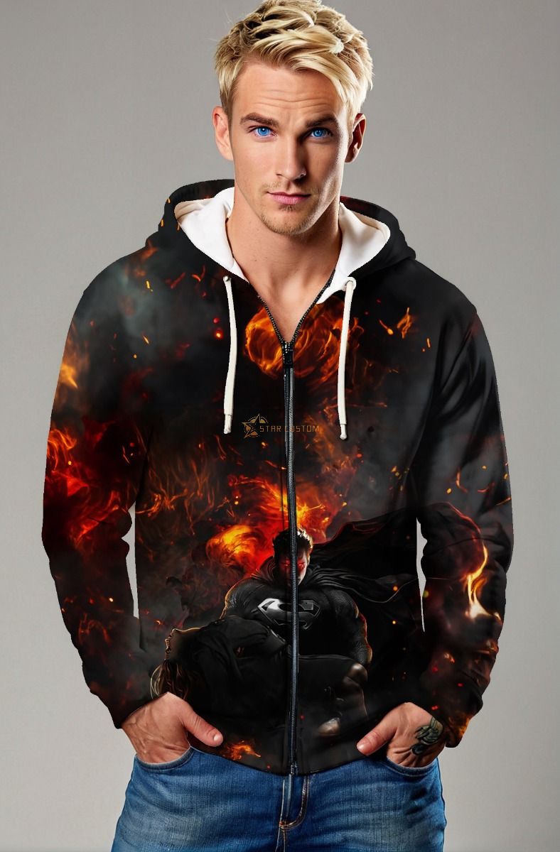 Superman Resurrection Wrath Zip Hoodie – Flame-Engulfed Black Justice Jacket