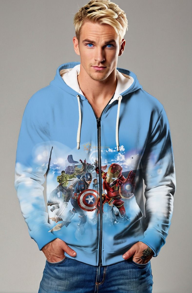 Avengers Fly Zip-Up – Light Blue Cartoon Hero Zip Hoodie