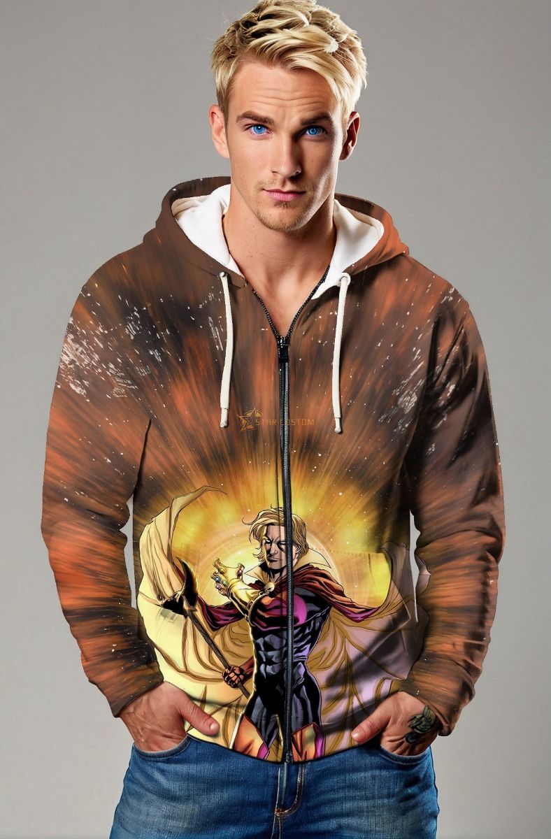 Adam the Warlock Zip-Up Hoodie - Mystical Brown & Gold Cosmic Design