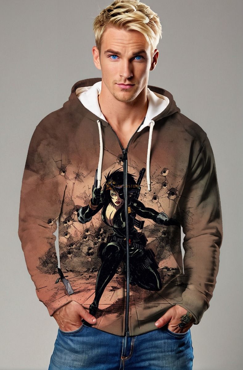 Domino (Neena Thurman) Zip-Up Hoodie - Bold Brown & Black Hero Design