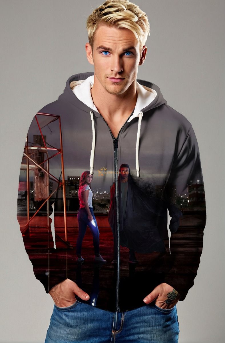 Dark Gray Zip-up Hoodie with Superhero Characters Print
