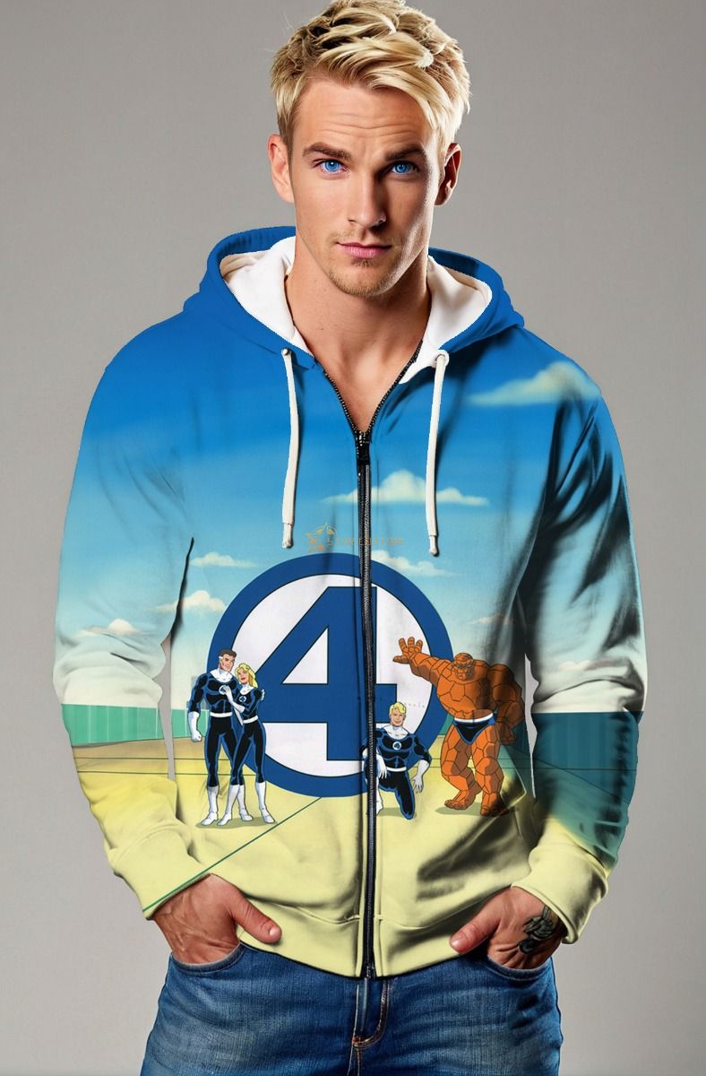 Blue Fantastic Four Zip-Up Hoodie – Stylish Superhero Jacket
